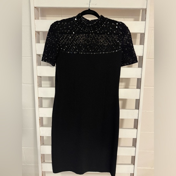 ST JOHN Evening Black Sheath Dress Size 8 Embellished Sequin Mock Neck - Picture 2 of 14